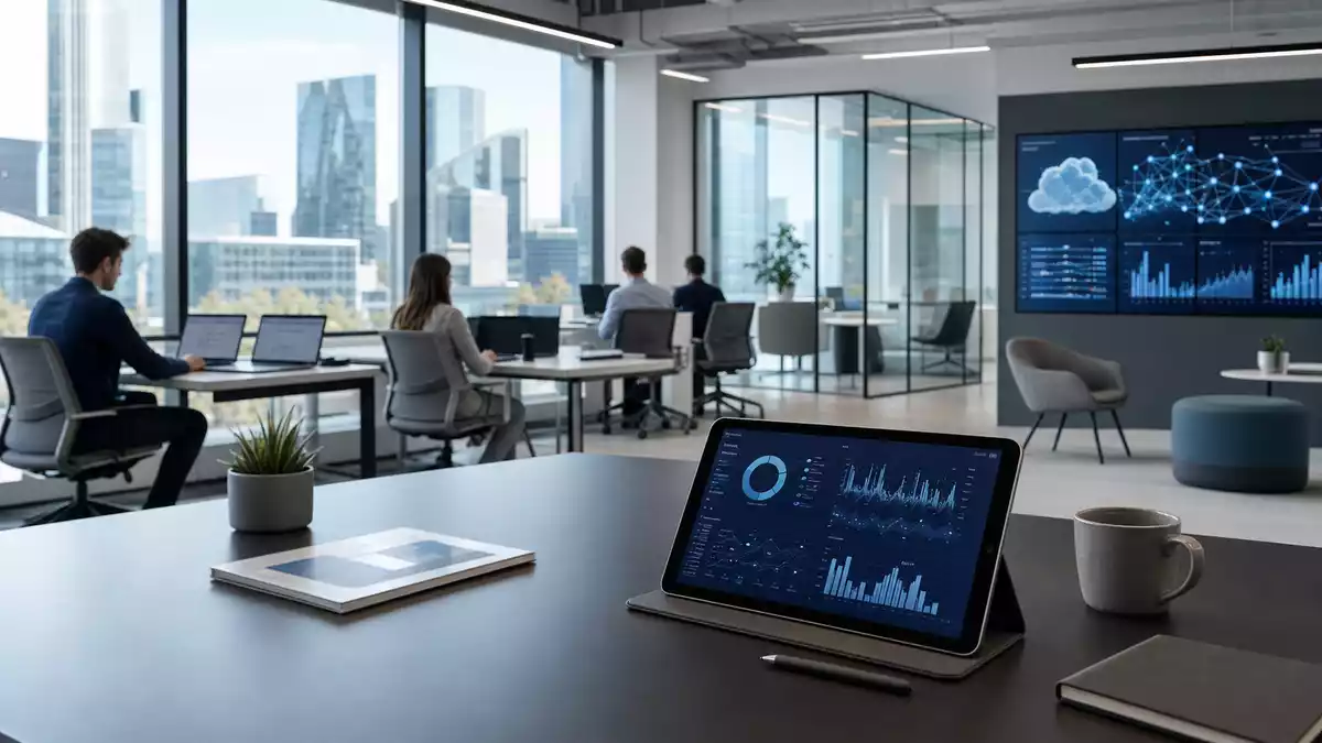 Modernes IT-Büro mit Bildschirmen, Cloud- und KI-Datenvisualisierung, Glasfassade