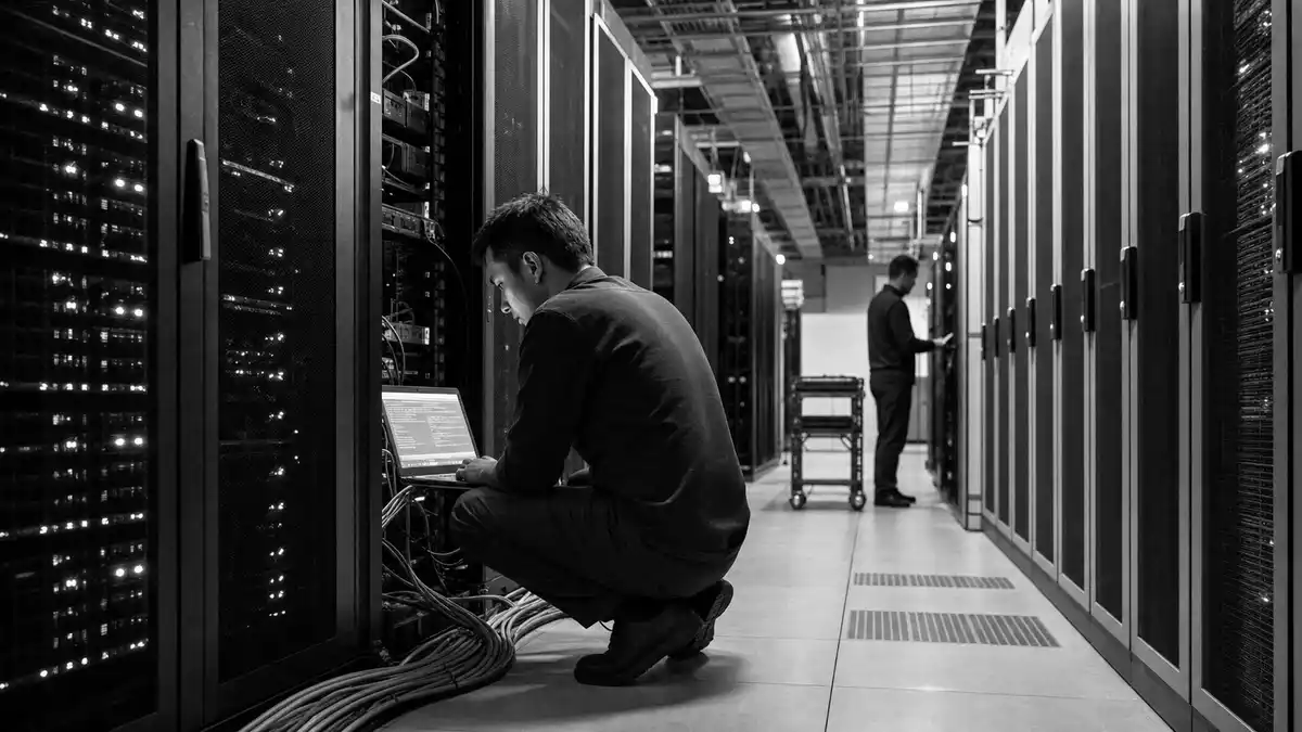 Schwarzweiß-Reportagefoto von Technikern in einem Rechenzentrum mit Serverreihen