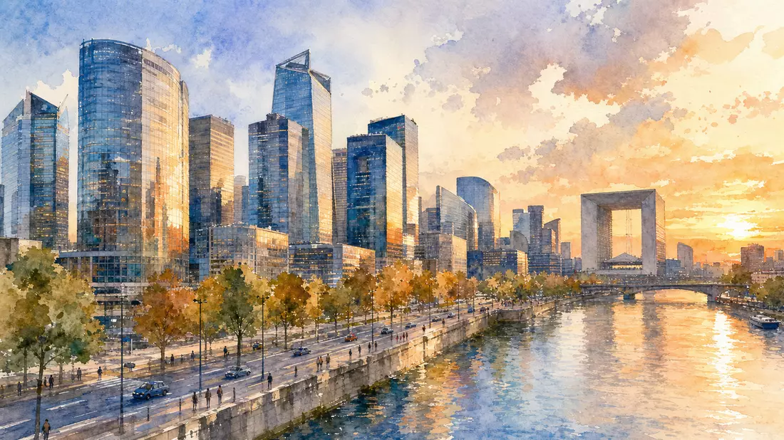 Aquarellmalerei der Pariser La-Défense-Skyline bei goldenem Sonnenuntergang am Fluss