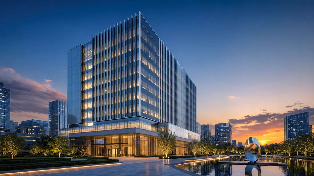 Architektur-Rendering eines Bürohochhauses in einem Business-Viertel bei Dämmerung