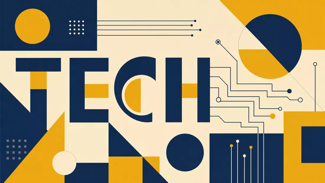 Geometrisches Bauhaus-Poster mit Kreisen, Dreiecken und dem Wort TECH in Blau-Gelb
