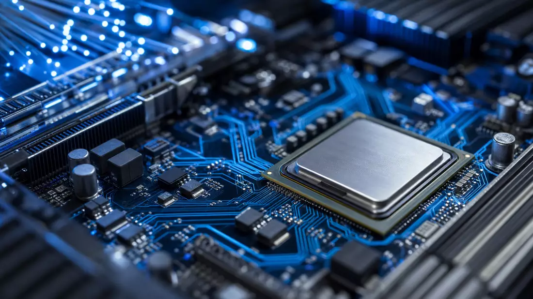 Makroaufnahme einer Serverplatine mit blau leuchtenden Leiterbahnen und Prozessorchip