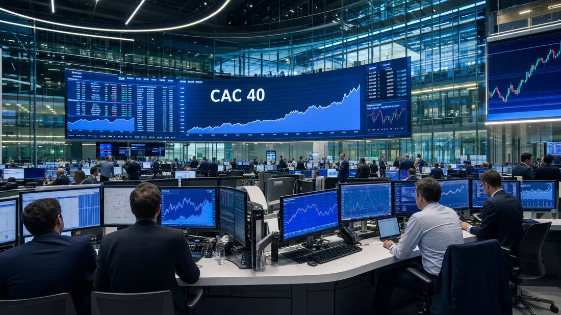 Trading-Floor mit großen Bildschirmen, CAC-40-Kurscharts und Händlern in Paris