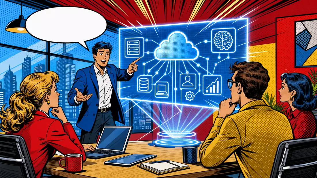 Pop-Art-Comic zeigt Berater mit holografischer Cloud-KI-Grafik vor Kollegen im Büro