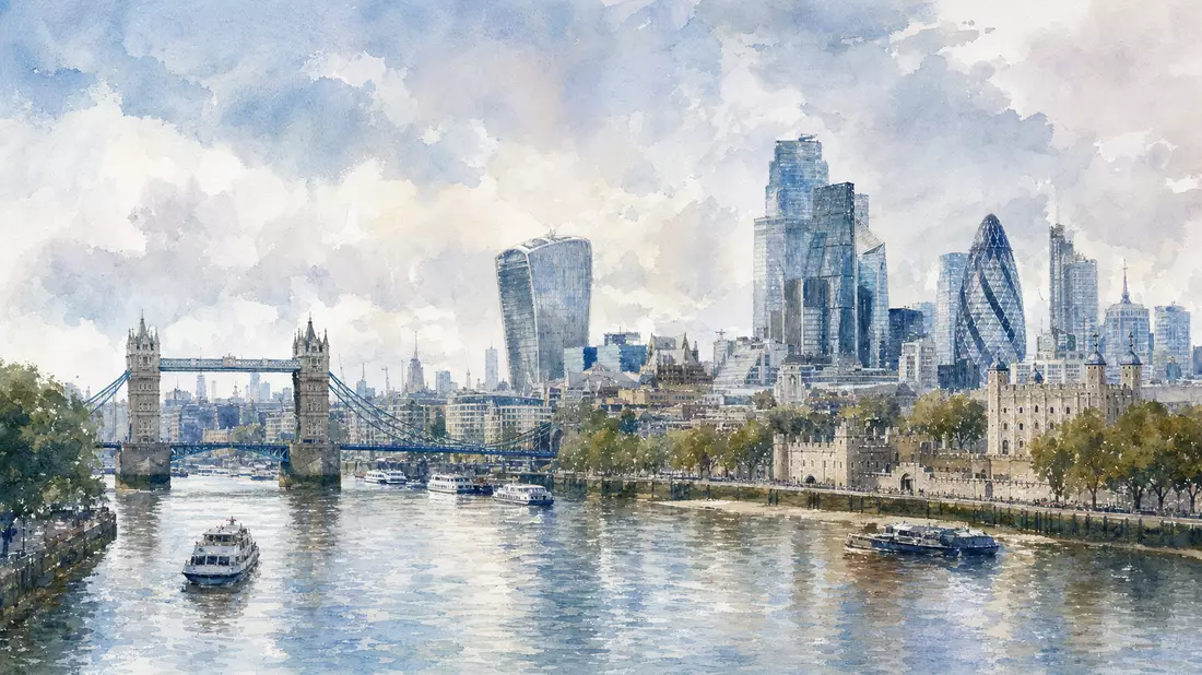 Aquarellmalerei der Londoner Skyline mit Tower Bridge und Themse