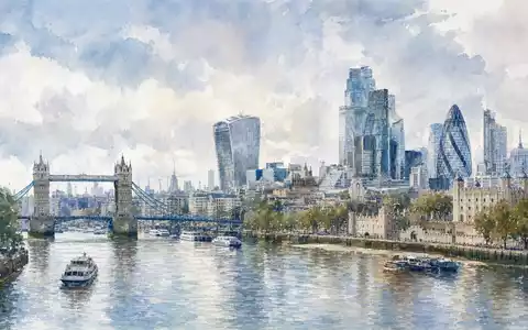 Hunting PLC GB0004225066 präsentiert eine zarte Aquarell-Ansicht der Londoner Skyline entlang der ruhigen Themse - Foto: THN