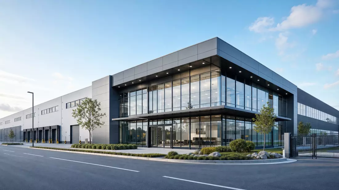 Architektur-Render einer modernen Industrieanlage mit Glasfront