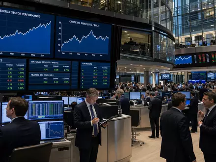 Hunting PLC GB0004225066 wird editoriell mit belebtem Börsenparkett und sektorspezifischen Energie-Charts eindrucksvoll dargestellt - Foto: THN