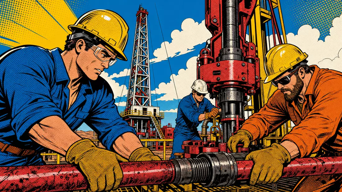 Pop-Art-Comic-Illustration von Ölbohrturm und Arbeitern mit Rohren