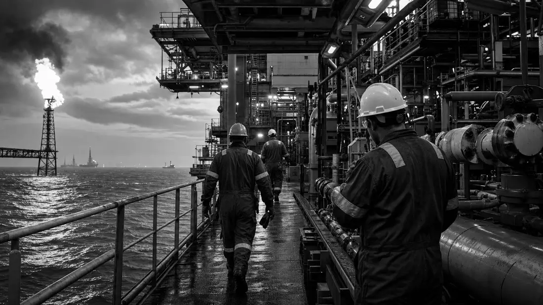 Schwarzweiß-Reportagefoto von Arbeitern mit Helmen auf Offshore-Plattform bei Dämmerung