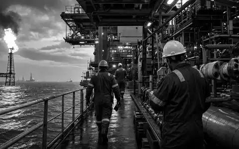 Energean plc GB00B753SF33 dokumentiert schwarzweiß Arbeiter mit Helmen auf einer Öl- und Gasplattform bei Dämmerung - Foto: THN