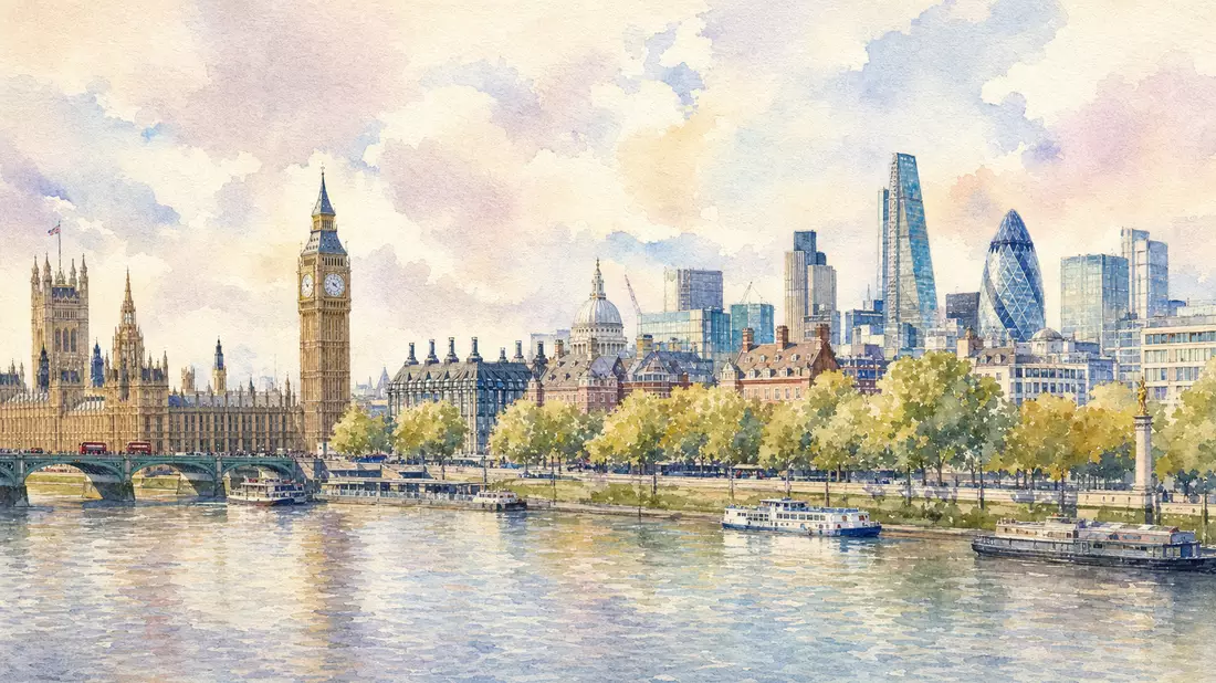 Aquarellmalerei der Londoner Skyline mit Themse, Big Ben und modernen Wolkenkratzern