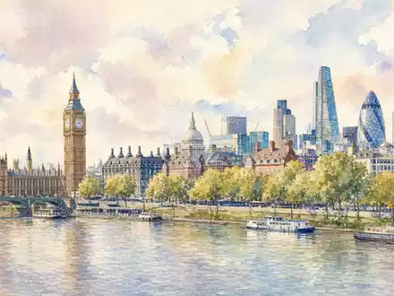 Energean plc GB00B753SF33 präsentiert Aquarellmalerei der Londoner Skyline entlang der Themse mit historischen Gebäuden - Foto: THN