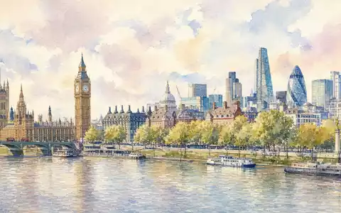 Energean plc GB00B753SF33 präsentiert Aquarellmalerei der Londoner Skyline entlang der Themse mit historischen Gebäuden - Foto: THN