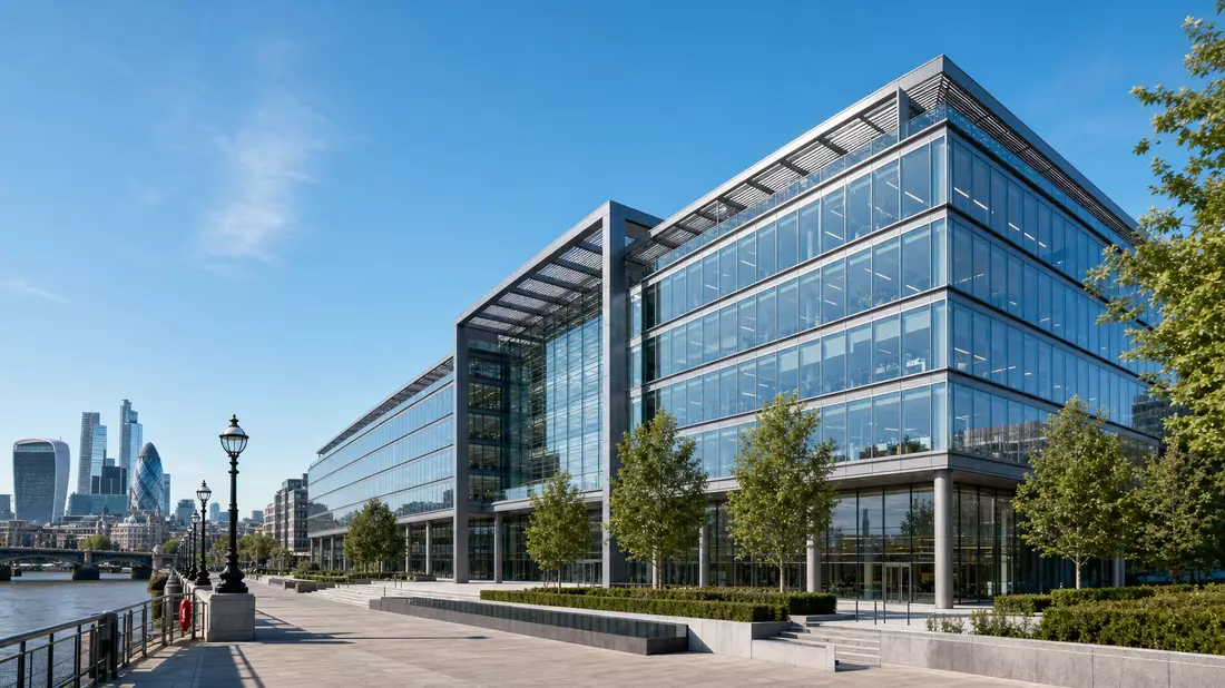 Architektur-Render einer modernen Bürozentrale mit Glasfassade an der Themse in London