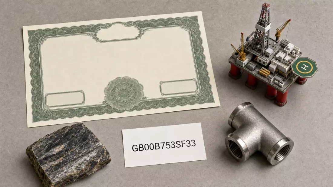 Flatlay mit Aktienzertifikat, ISIN-Kärtchen, Miniatur-Ölplattform und Metallfitting