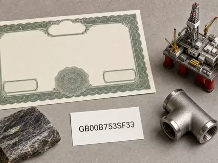 Energean plc GB00B753SF33 arrangiert Flatlay mit Aktienzertifikat, ISIN-Karte, Modell-Bohrplattform und Gasrohr-Fitting sowie Gesteinsprobe - Foto: THN
