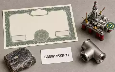 Energean plc GB00B753SF33 arrangiert Flatlay mit Aktienzertifikat, ISIN-Karte, Modell-Bohrplattform und Gasrohr-Fitting sowie Gesteinsprobe - Foto: THN