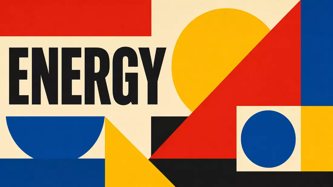 Geometrisches Bauhaus-Poster mit Text ENERGY in Rot, Gelb und Blau