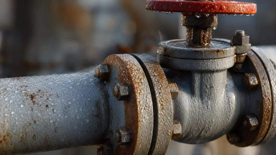 Makroaufnahme eines rostigen Gasrohrventils mit Metallflanschen und Wassertropfen