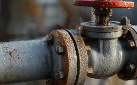 Energean plc GB00B753SF33 fokussiert Makroaufnahme eines verrosteten Gasrohrventils mit Kondenstropfen und Metallflanschen - Foto: THN