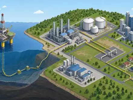 Energean plc GB00B753SF33 visualisiert isometrisches 3D-Diagramm der Erdgas-Wertschöpfungskette von Plattform bis Verteilnetz - Foto: THN