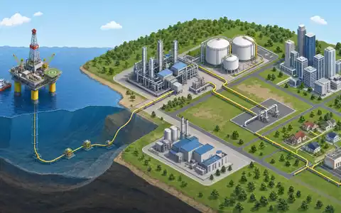 Energean plc GB00B753SF33 visualisiert isometrisches 3D-Diagramm der Erdgas-Wertschöpfungskette von Plattform bis Verteilnetz - Foto: THN