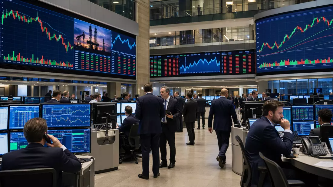 Trading-Floor mit großen Bildschirmen voller Energiesektor-Aktiencharts und Händlern in Anzügen