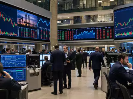 Energean plc GB00B753SF33 dokumentiert Trading-Floor der Londoner Börse mit Energiesektor-Charts auf großen Bildschirmen - Foto: THN