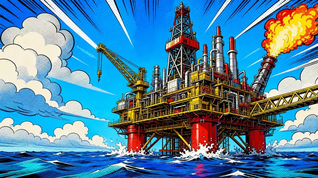Pop-Art-Comic-Illustration einer Offshore-Gasplattform mit bunten Halbtonpunkten und Flamme