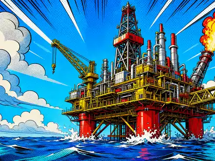 Energean plc GB00B753SF33 stilisiert farbige Pop-Art-Comic-Szene einer Offshore-Gasplattform mit dramatischer Flamme und schäumender See - Foto: THN