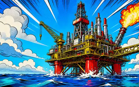 Energean plc GB00B753SF33 stilisiert farbige Pop-Art-Comic-Szene einer Offshore-Gasplattform mit dramatischer Flamme und schäumender See - Foto: THN