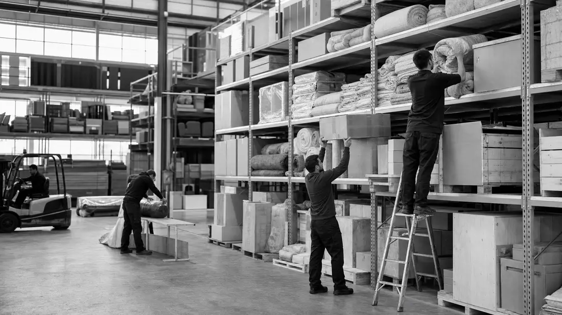 Schwarzweiß-Reportagefoto einer Lagerhalle mit Arbeitern und Textilstapeln