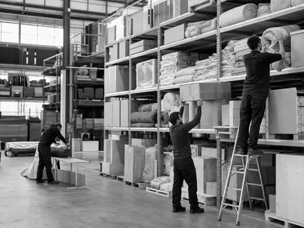 Dunelm Group plc GB0033745292 dokumentiert schwarzweiß Arbeiter in einer großen Textilien-Lagerhalle beim Sortieren - Foto: THN