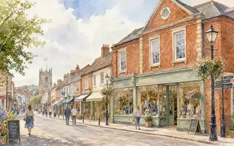 Dunelm Group plc GB0033745292 als sanftes Aquarell einer typischen englischen Marktstadt mit Ladenfront - Foto: THN
