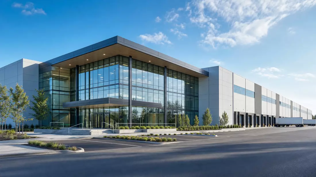 Architektur-Rendering eines modernen Glas-Verwaltungs- und Logistikgebäudes bei Tageslicht