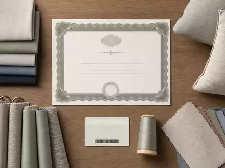 Dunelm Group plc GB0033745292 inszeniert als Flatlay ein Aktienzertifikat neben Stoffmustern und ISIN-Karte - Foto: THN