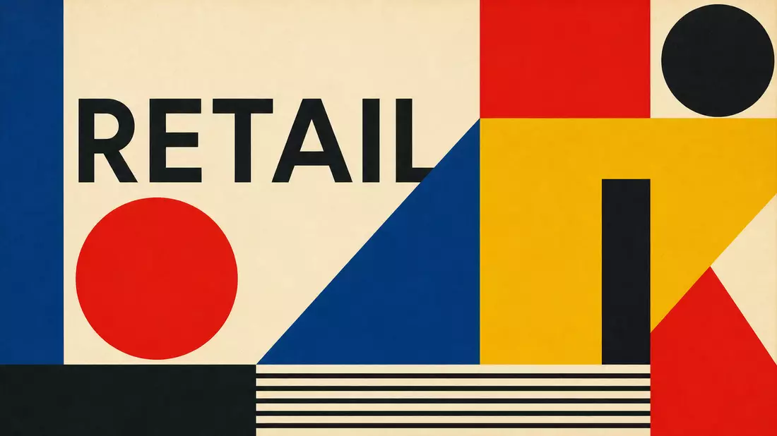 Bauhaus-Poster mit geometrischen Formen und dem Schriftzug RETAIL in Primärfarben