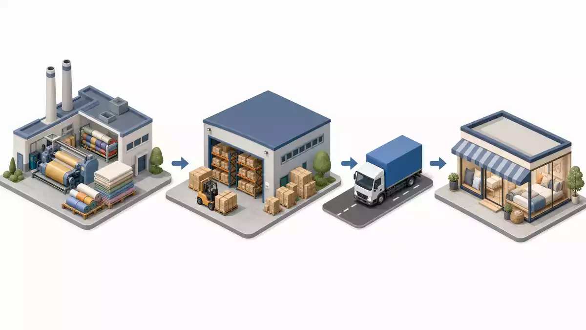 Isometrische 3D-Illustration einer Lieferkette von Fabrik, Lager, LKW und Ladengeschäft