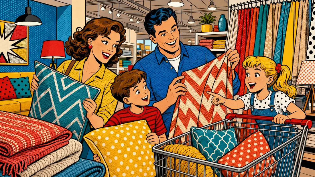 Pop-Art-Comic-Illustration einer Familie beim fröhlichen Einkauf von Heimtextilien