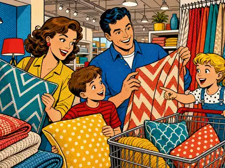 Dunelm Group plc GB0033745292 erscheint als farbenfrohe Pop-Art-Comic-Szene einer Familie beim Heimtextilien-Einkauf - Foto: THN