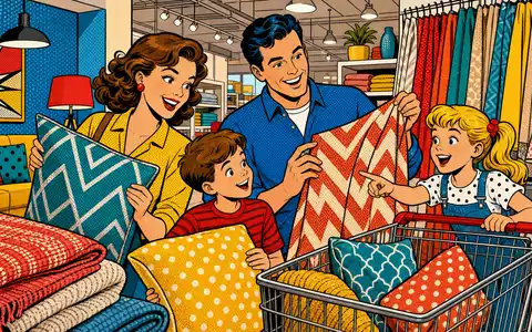 Dunelm Group plc GB0033745292 erscheint als farbenfrohe Pop-Art-Comic-Szene einer Familie beim Heimtextilien-Einkauf - Foto: THN