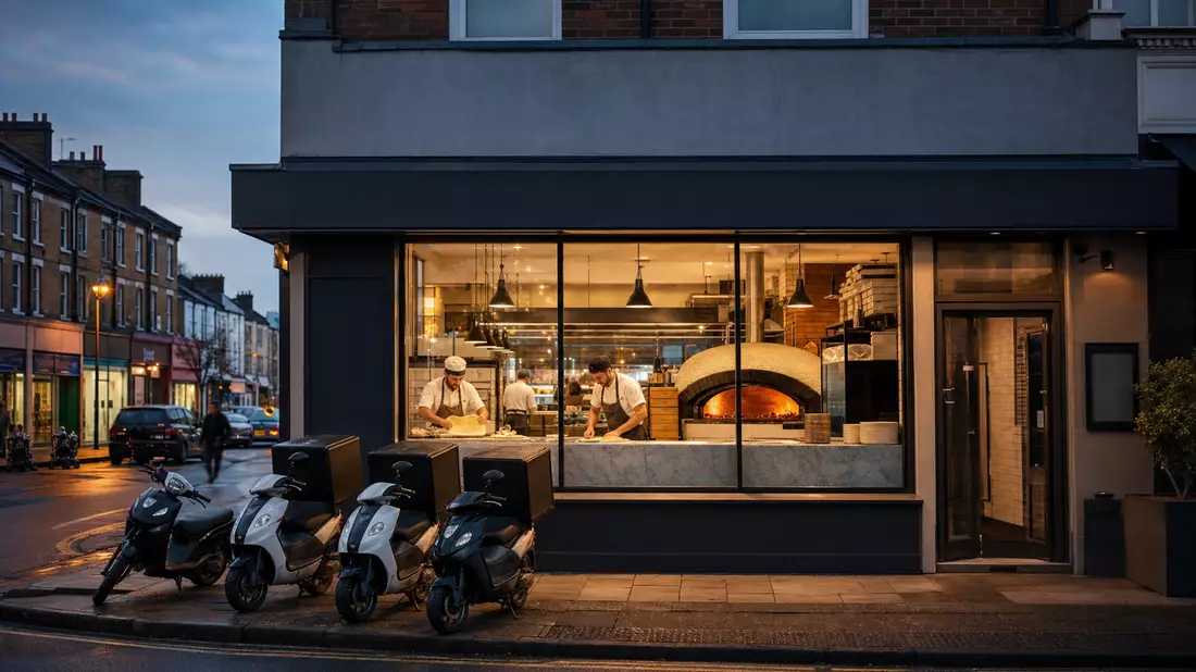 Fotorealistisches Bild einer Pizza-Lieferfiliale in britischer Innenstadt am Abend
