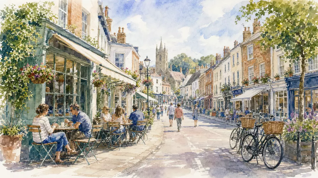 Aquarellbild einer britischen Einkaufsstraße mit Cafés und Lieferfahrrädern