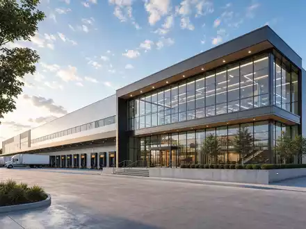 Architektur-Render eines modernen Logistikzentrums repräsentiert Domino's Pizza Group plc, ISIN GB0002936932, in der Systemgastronomie - Foto: THN