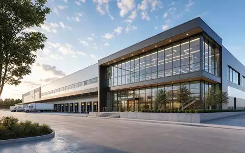 Architektur-Render eines modernen Logistikzentrums repräsentiert Domino's Pizza Group plc, ISIN GB0002936932, in der Systemgastronomie - Foto: THN