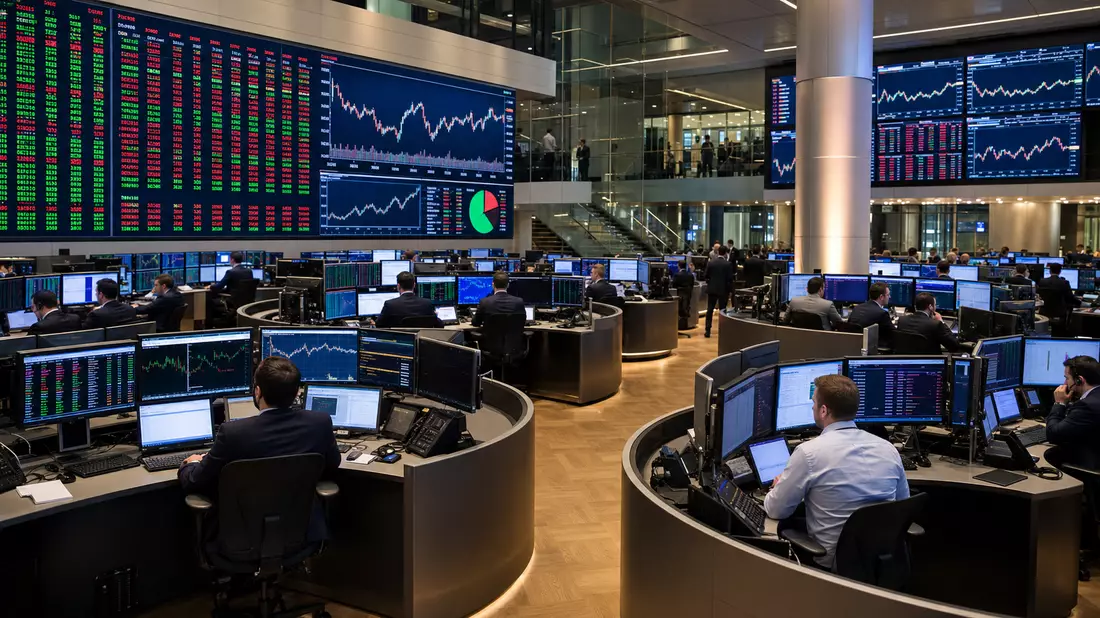 Editorial-Aufnahme eines Börsenhandelsraums mit Finanzcharts auf Bildschirmen