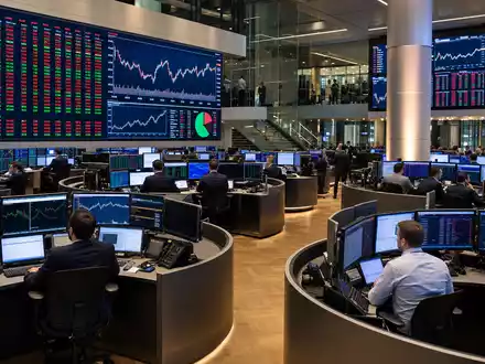 Börsen-Editorial vom Handelsraum mit Charts repräsentiert Domino's Pizza Group plc, ISIN GB0002936932, Londoner Börse - Foto: THN
