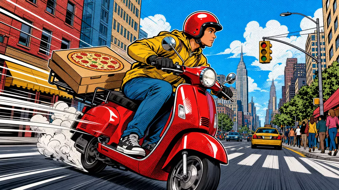 Pop-Art-Comic-Illustration eines Lieferrollers mit Pizzakarton in der Stadt