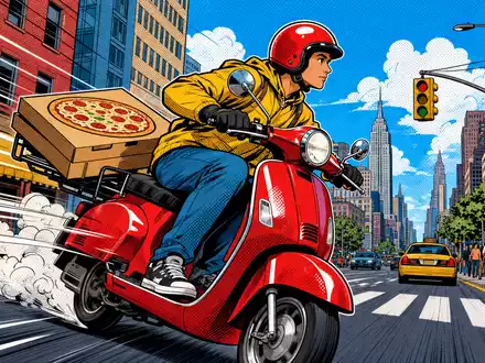 Pop-Art-Comic-Szene mit Lieferfahrzeug und Pizzakarton symbolisiert Domino's Pizza Group plc, ISIN GB0002936932, der Systemgastronomie-Branche - Foto: THN